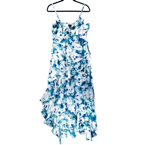 Japna Floral Ruffle Midi Dress HiLo Tiered Adjustable Straps Blue Green Pink XL - Picture 1 of 16